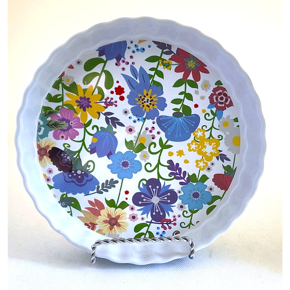 PIE/QUICHE/TART PLATE-ORLY MAISON-Floral-Blue-Yellow-White-8.5in Diameter - Picture 1 of 9